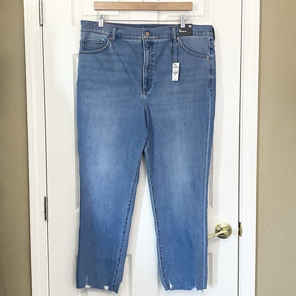 Express Womens Size 18 Slim Fit Super High Rise Blue Jeans Distressed Raw Hem